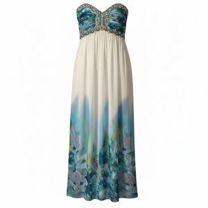 Cachet Strapless Beaded Chiffon Maxi Dress in Blue Ombre